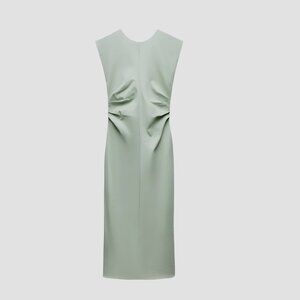 ZARA Women’s Green Sleeveless Pleated Waist Midi Dress Size S NWT